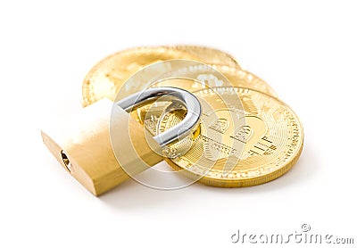 The golden bitcoin. Cryptocurrency and padlock. Stock Photo
