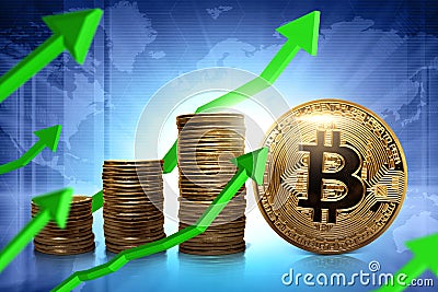 Golden bitcoin currency rising upward Stock Photo