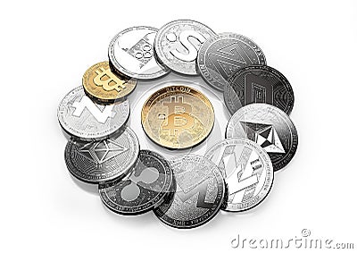 Golden bitcoin and different cryptos around isolated on white Cartoon Illustration