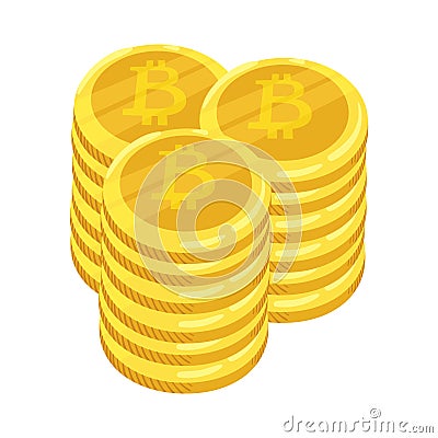 Golden bitcoin digital currency. A stack of coins bitcoin. Gold stack of bitcoins cryptocurrency coins. Mining. Vector Vector Illustration