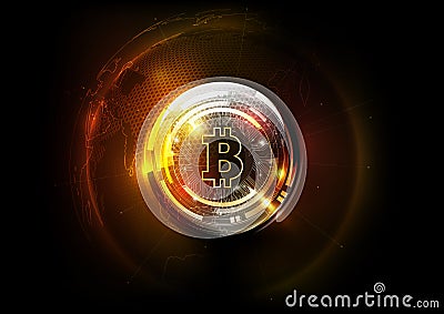 Golden bitcoin digital currency and world globe hologram, futuristic digital money and technology worldwide network concept Vector Illustration