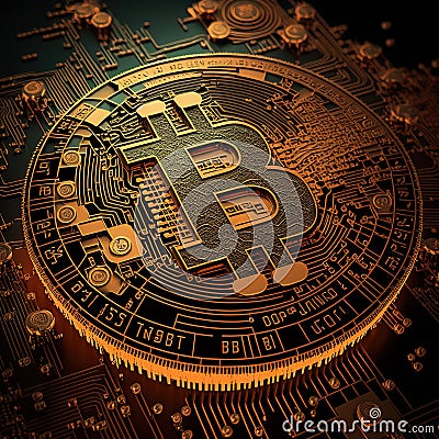 Golden bitcoin icon in circle of circuit board, cryptocurrency mining device. Generative AI Stock Photo