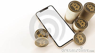 golden Bitcoin and mobile phone mockup next to stacks of Bitcoins isolated on white background Stock Photo