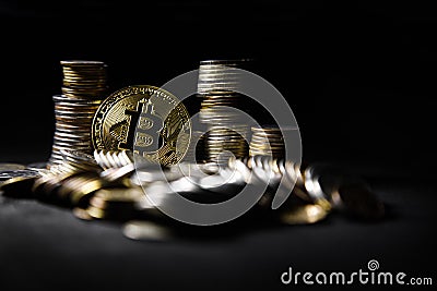 Golden bitcoin with money coins background. conceptual image for crypto currency. Stock Photo