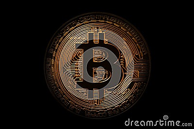 Golden Bitcoin over dark background. Business and virtual cryptocurrency concept. Stock Photo