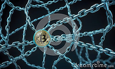 Golden Bitcoin in a Networked Cage AI Generative Stock Photo