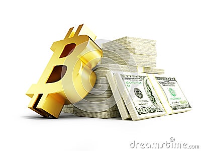 Golden bitcoin sign on a pile of cash dollars 3D illustration, 3D rendering Cartoon Illustration