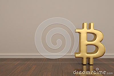 Golden bitcoin sign on wood floor 3D illustration. Cartoon Illustration