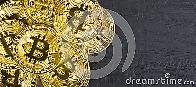 Golden bitcoin stack on the black background Stock Photo