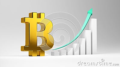 Golden Bitcoin symbol with an ascending bar chart. 3D rendering. Cryptocurrency coin logo 2p2 exchange, blockchain technology Cartoon Illustration