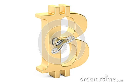 Golden bitcoin symbol with wind-up key, 3D Stock Photo