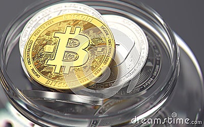 Golden bitcoin on the top of cryptocurrencies stack kept in a jar. Bad ways of keeping cryptocurrencies concept. 3D rendering Stock Photo