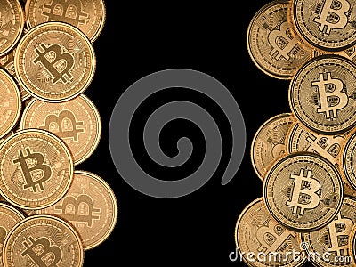 Golden Bitcoins On black background. Trading Concept Of Crypto Currency Stock Photo