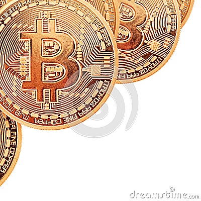 Golden Bitcoins close-up. Stock Photo