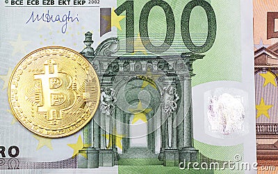 Bitcoins is a monetary denominations of 100 and 50 euros. Stock Photo