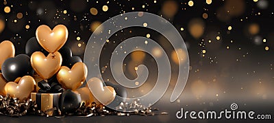 Golden and black metallic balloons with confetti and ribbons festive background for events Stock Photo