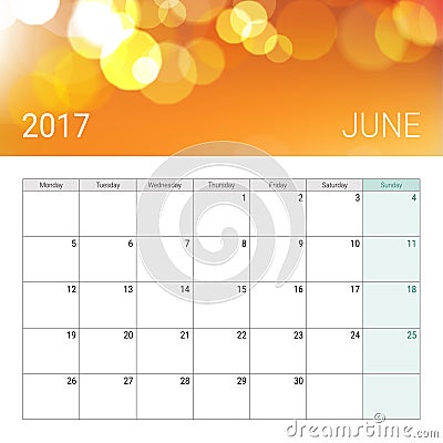 Golden bokeh june 2017 calendar Vector Illustration