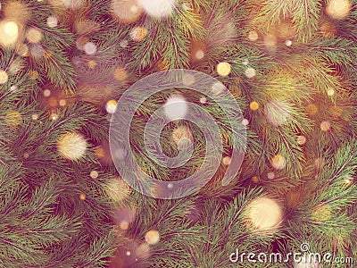 Golden bokeh light garland on Christmas tree. EPS 10 Vector Illustration