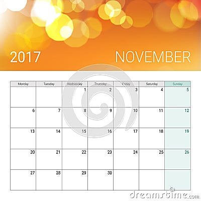 Golden bokeh november 2017 calendar Vector Illustration