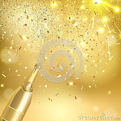 Golden Bottle of Champagne with Salute and Confetti Vector Illustration