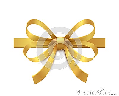 Golden bow with ribbon. Realistic gift box decoration, satin or silk luxury yellow tape for presents decoration, elegant Vector Illustration