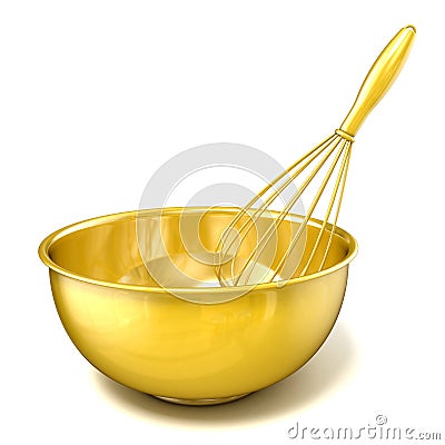 Golden bowl with a wire whisk. 3D rendering Cartoon Illustration