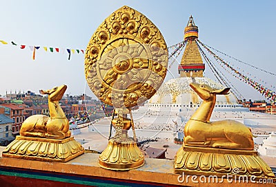 Golden brahma symbol in front of Bodhnath stupa Stock Photo