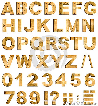 Golden or brass metal alphabet letters or font Stock Photo
