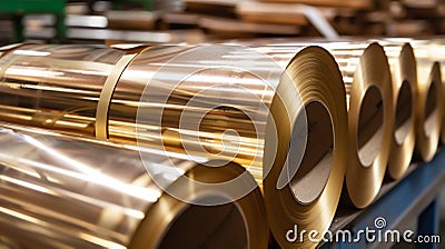 Golden Brass Metal Rolls in Warehouse. Generative ai Cartoon Illustration