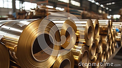 Golden Brass Metal Rolls in Warehouse. Generative ai Cartoon Illustration