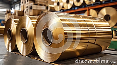 Golden Brass Metal Rolls in Warehouse. Generative ai Cartoon Illustration