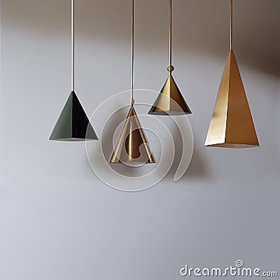 Golden brass pendant lamps against gray plain background. Minimalist style. Generative AI Stock Photo