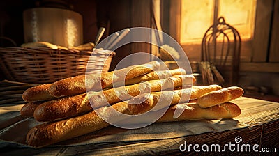 Golden bread sticks baked in rustic kitchen Illustration AI Generative Stock Photo