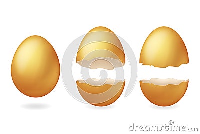 Golden broken eggs cracked open easter eggshell design 3d realistic icon isolated vector illustration Vector Illustration