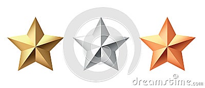 Golden, bronze, silver glossy metallic stars 3d realistic style. 1, 2, 3 place symbols. Vector Illustration