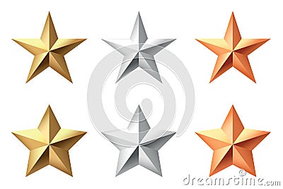 Golden, bronze, silver glossy metallic stars 3d realistic style. 1, 2, 3 place symbols. Vector Illustration
