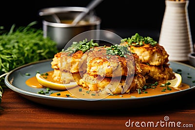 golden brown crab cakes on a plate Stock Photo