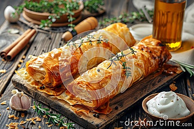 Golden Brown Filo Pastry Rolls with Fresh Herbs on Rustic Wooden Table with Honey and Ingredients Stock Photo