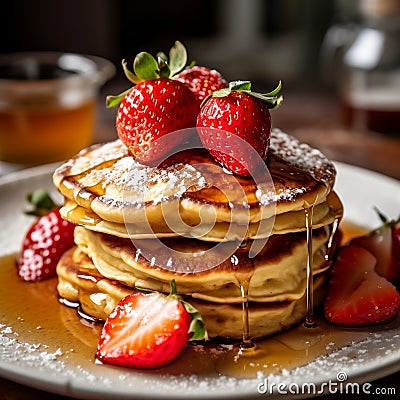 Golden Brown Fluffy Stack of Pancakes with a Side. Generative AI Stock Photo