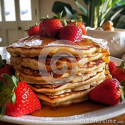 Golden Brown Fluffy Stack of Pancakes with a Side. Generative AI Stock Photo