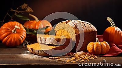 Golden-brown pumpkin bread, freshly baked. Moist, tender crumb with orange flecks of pumpkin Stock Photo