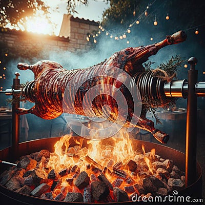 A whole lamb, golden brown and succulent, rotates on a spit over a bed of barbecue coals Stock Photo