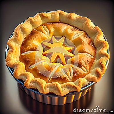 Golden browned pastry meat pie fresh out of the oven Stock Photo