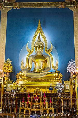 Golden Buddha statue in the Marble Temple or Wat Benchamabophit temple, Bangkok Thailand Stock Photo