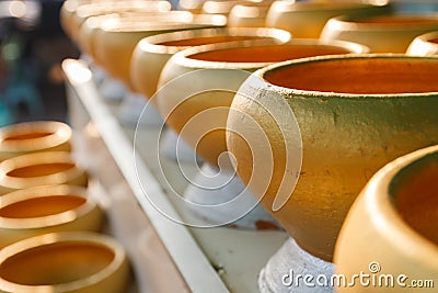 Golden buddhist monk alms bowl for people to donate money Stock Photo
