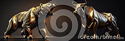 Golden bull and bear market statues with dark background and copy area. Bull versus bear. AI generated Cartoon Illustration