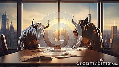 Golden Bull and Bear: A Symbolic Showdown in the Modern Financial World Cartoon Illustration