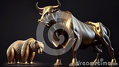 Golden bull market statue with a small bear market statue at the back. AI generated Cartoon Illustration