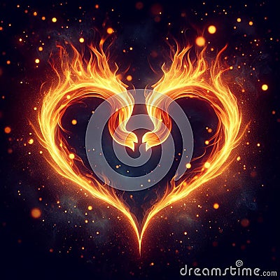 Golden burning heart. Twin flame logo. Esoteric concept of spiritual love. Illustration on black background for web Stock Photo