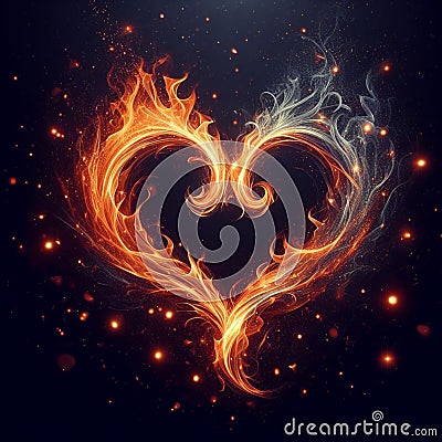 Golden burning heart. Twin flame logo. Esoteric concept of spiritual love. Illustration on black background for web Stock Photo